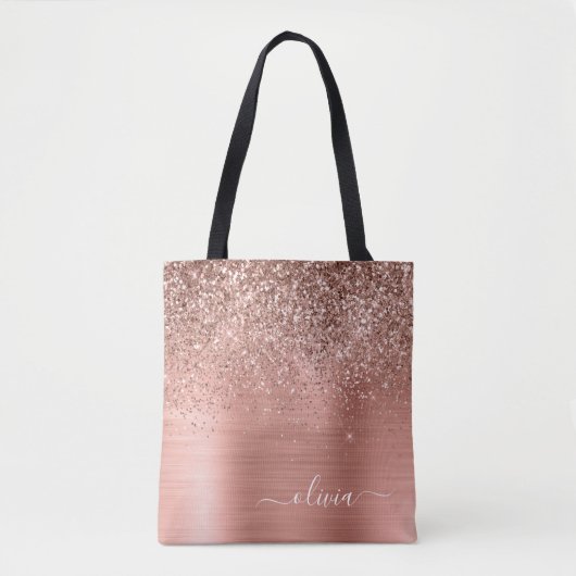 Geborsteld Metaal Roze Goud Roze Glitter Monogram Draagtas (Voorkant)