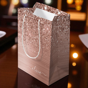 Geborsteld Metaal Roze Goud Roze Glitter Monogram Medium Cadeauzakje