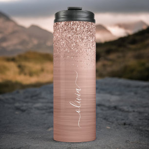 Geborsteld Metaal Roze Goud Roze Glitter Monogram Thermosbeker