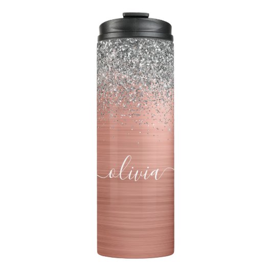 Geborsteld Metaal Roze Goud Zilver Glitter Monogra Thermosbeker (Voorkant)