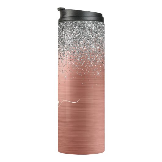 Geborsteld Metaal Roze Goud Zilver Glitter Monogra Thermosbeker (Geroteerd rechts)