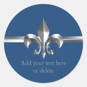 Geborsteld Metalen Stijl Zilver Fleur de Lis Blauw Ronde Sticker