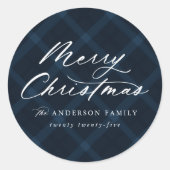 Geborsteld Navy Plaid Vrolijk Kerstfeest Ronde Sticker (Voorkant)