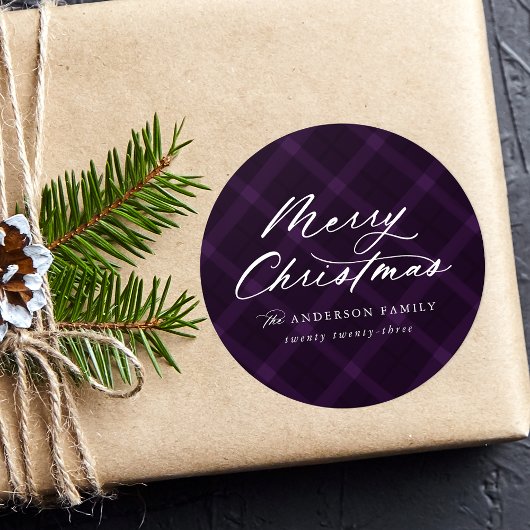 Geborsteld Paarse geruite vrolijke kerst Ronde Sticker