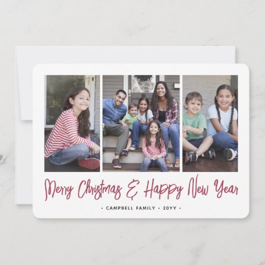 Geborsteld rood script Kerstmis & Nieuwjaar 4 Foto Feestdagenkaart (Voorkant)