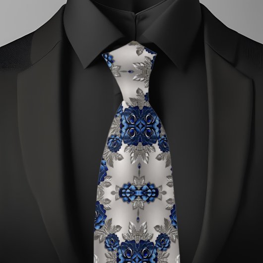 Geborsteld Zilver en Blauw Metallic Rozen Stropdas