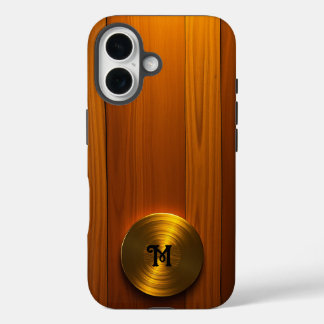 Geborstelde Gouden Schijf op Amber Wood iPhone 16 Hoesje