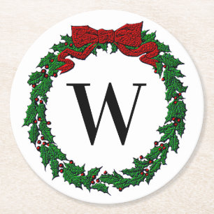 Gebosseerde look Holly Wreath Monogram Ronde Kartonnen Onderzetter