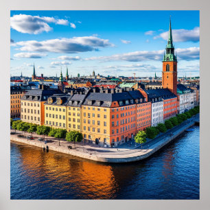 Gebouwen en iconische kerk in Stockholm Poster