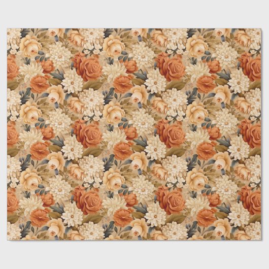 gebrande oranje bruine beige bloemen cadeaupapier (Vlak)