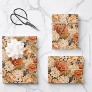 gebrande oranje bruine beige bloemen inpakpapier vel