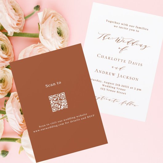 Gebrande oranje witte script QR code RSVP bruiloft Kaart