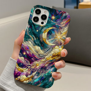 Gebrandschilderd glas blauw groene maan iPhone 16 hoesje