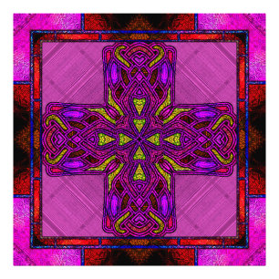 Gebrandschilderd Keltisch Kruis in Roze en Paars Foto Afdruk