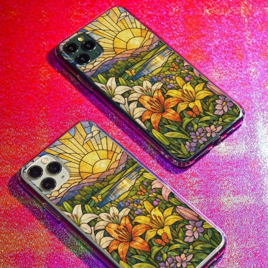 Gebrandschilderde lelies vlinders en zonneschijn iPhone hoesje