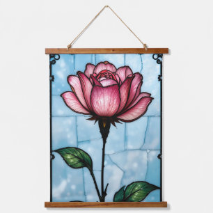 Gebrandschilderde roze roos hangend wandkleed