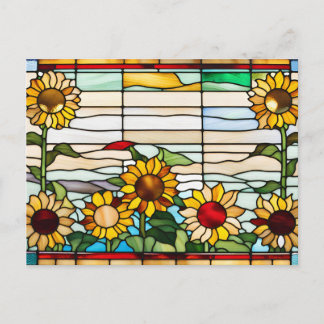 Gebrandschilderde zonnebloemen groeien in de tuin briefkaart
