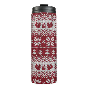 Gebreid, Kerstmis, eekhoorns, patroon. Thermosbeker