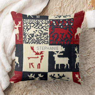 gebreid patchwork kerstpatroon   rustiek kussen