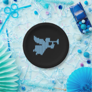 Gebreide engel lelijke kerst trui breien blauw papieren bordje