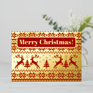 Gebreide herten en kerstbomen in goud en rood folie uitnodiging