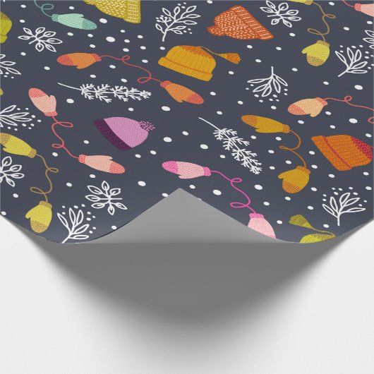 Gebreide Petten en Mittens Dark Blue Winter Patter Cadeaupapier (Hoek)
