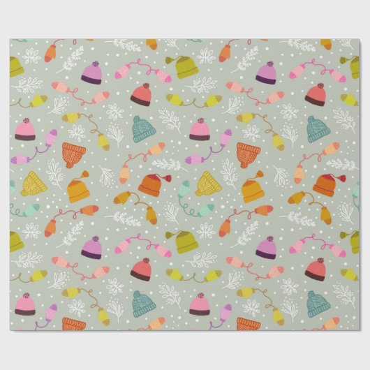 Gebreide Petten en Mittens Winter Pattern Cadeaupapier (Vlak)