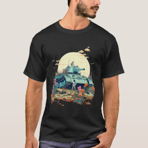 Gebroken tank overwoekerd met bloemen, vrede niet