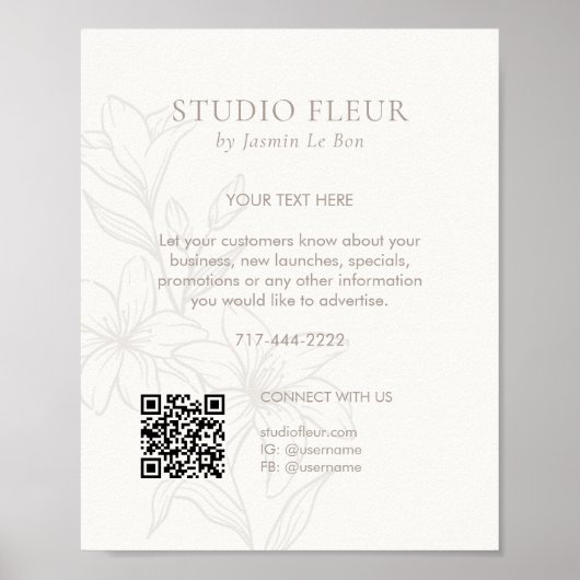 gebroken wit | Chic Floral Text Promotionele QR Poster (Voorkant)