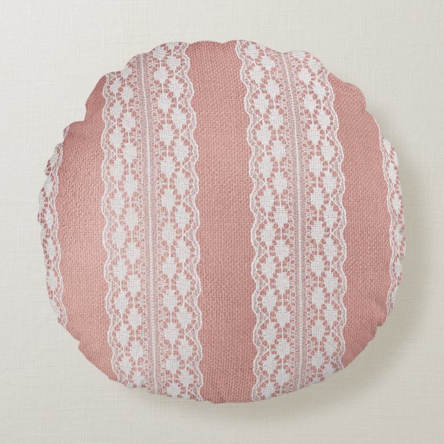 Gebroken-witte kant op metaaldoek Roos Golden Text Rond Kussen (Voorkant)