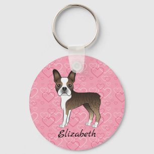 Gebruinde Boston Terrier Hond Op Roze Harten En Na Sleutelhanger