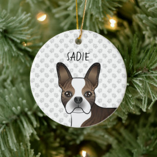 Gebruinde Boston Terrier Hondenkop & Aangepaste Na Keramisch Ornament
