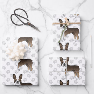 Gebruinde Boston Terrier Mooie Cartoon Hond Patroo Inpakpapier Vel