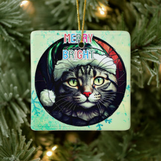 Gebruinde glazen Kerstmis Grijs Tabby In Groene Ho Keramisch Ornament