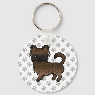 Gebruinde Langharige Chihuahua Cartoon Hond & Poot Sleutelhanger