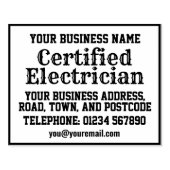 Gecertificeerd elektricien met naam, adres, enz 	rubberstempel (Afrduk)