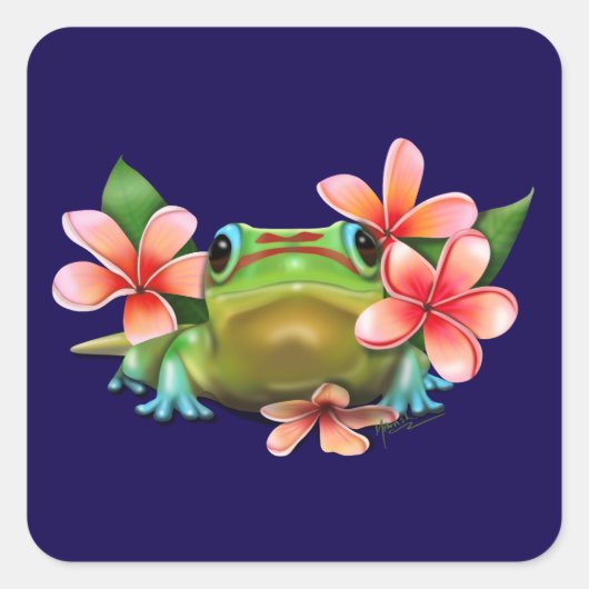 Gecko in de Plumeria Vierkante Sticker (Voorkant)