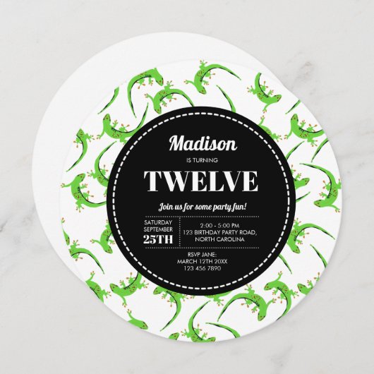 Gecko Lizard Reptile Circular Birthday Invitation Kaart (Voorkant / Achterkant)