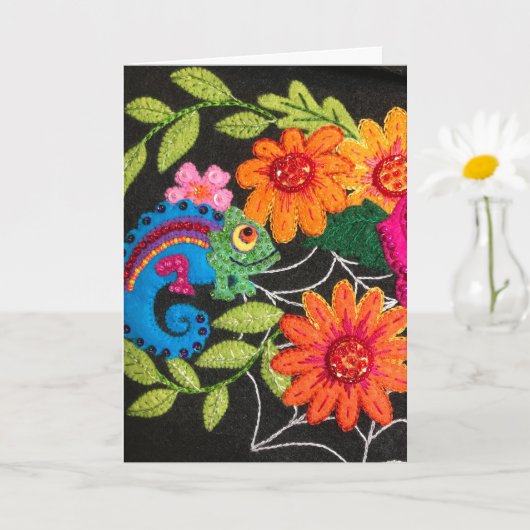 Gecko Lizard Stitched Felt Beads Sequins Kaart (Kleine Plant)