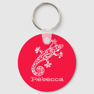 Gecko reptiel witte & rode naam sleutelhanger