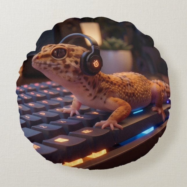 GeckoDev // Cyberpunk Programmeur Lendekussen  Rond Kussen (Voorkant)