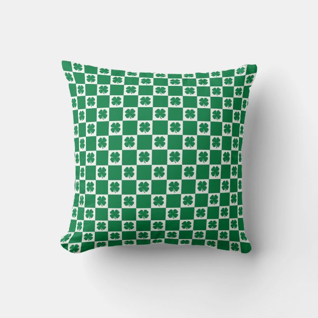 Gecontroleerd groen en wit shamrock Clover-patroon Kussen (Voorkant)
