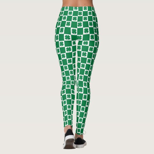 Gecontroleerd groen en wit shamrock Clover-patroon Leggings (Achterkant)