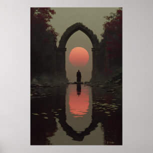 Gedaante in mantel Bloed Zon Gotische Boog Poster
