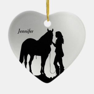 Gedateerd & Naam Kerstmis Paard Meisje Silhouet Keramisch Ornament