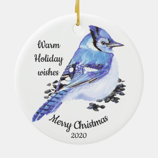 Gedateerde Kerst Custom Waterverf Blue Jay Bird Keramisch Ornament (Achterkant)