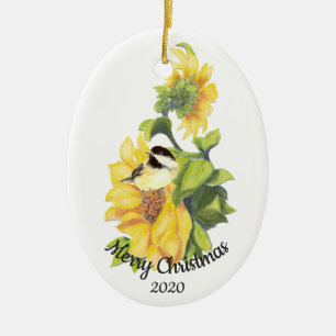 Gedateerde Kerst Custom Waterverf Zonnebloem Vogel Keramisch Ornament