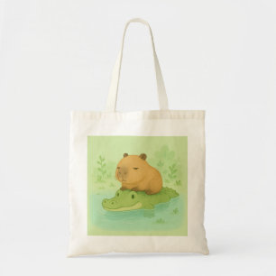 (gedeeltelijk) Chill Brown Capybara op Green Croco Tote Bag