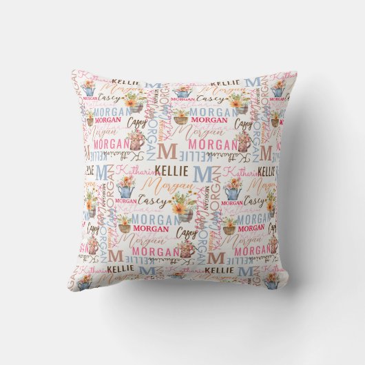 Gedekte bloemen met naam en monogram collage kussen (Achterkant)