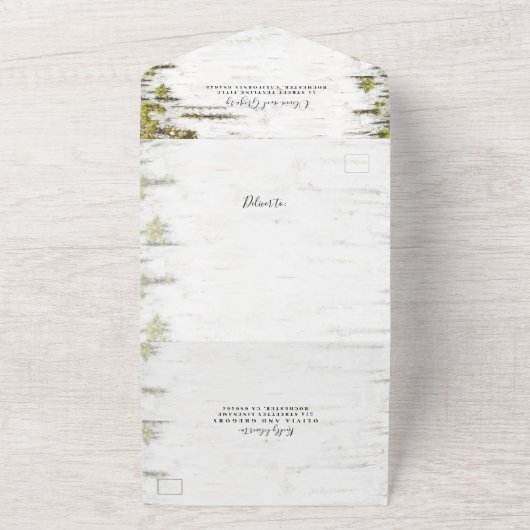 Gedekte vogelboom Heart Rustic Country Wedding All In One Uitnodiging (Buitenkant)